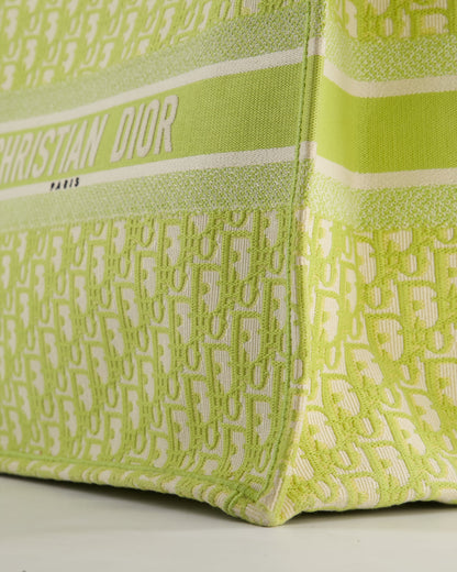 Christian Dior Ecru and Lime Dior Oblique Embroidery Canvas Large Book Tote Bag