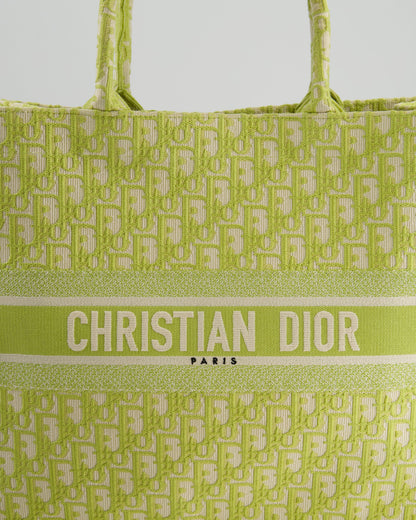 Christian Dior Ecru and Lime Dior Oblique Embroidery Canvas Large Book Tote Bag