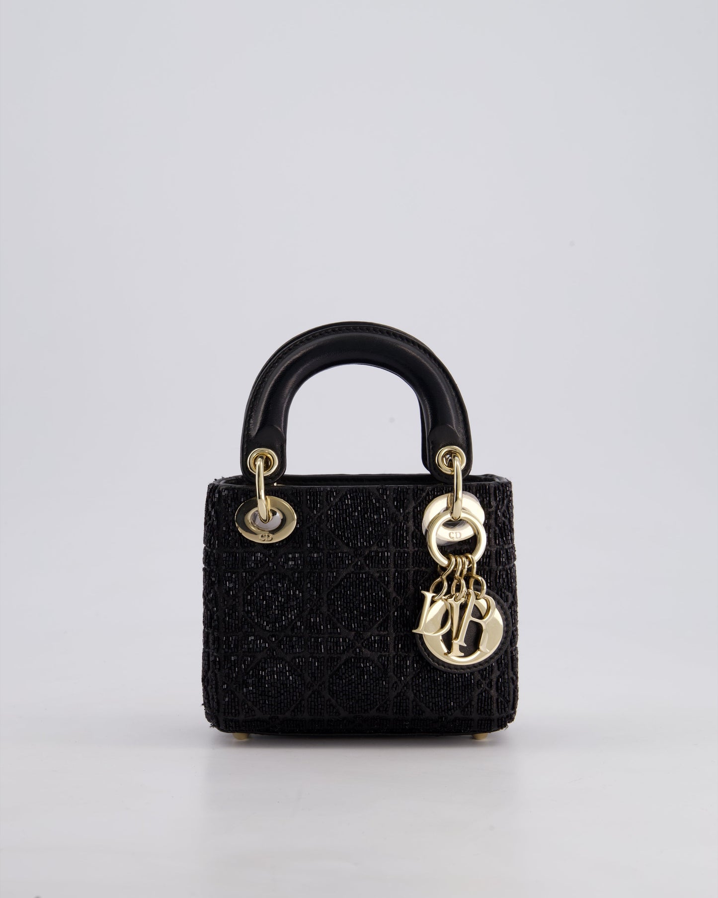Christian Dior Black Micro Lady Dior Bag In Black Lambskin Leather & Sequins with Champagne Gold Hardware