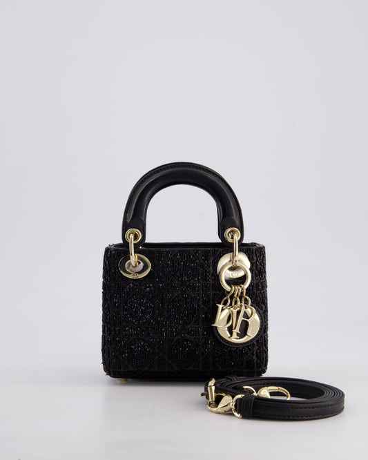 Christian Dior Black Micro Lady Dior Bag In Black Lambskin Leather & Sequins with Champagne Gold Hardware