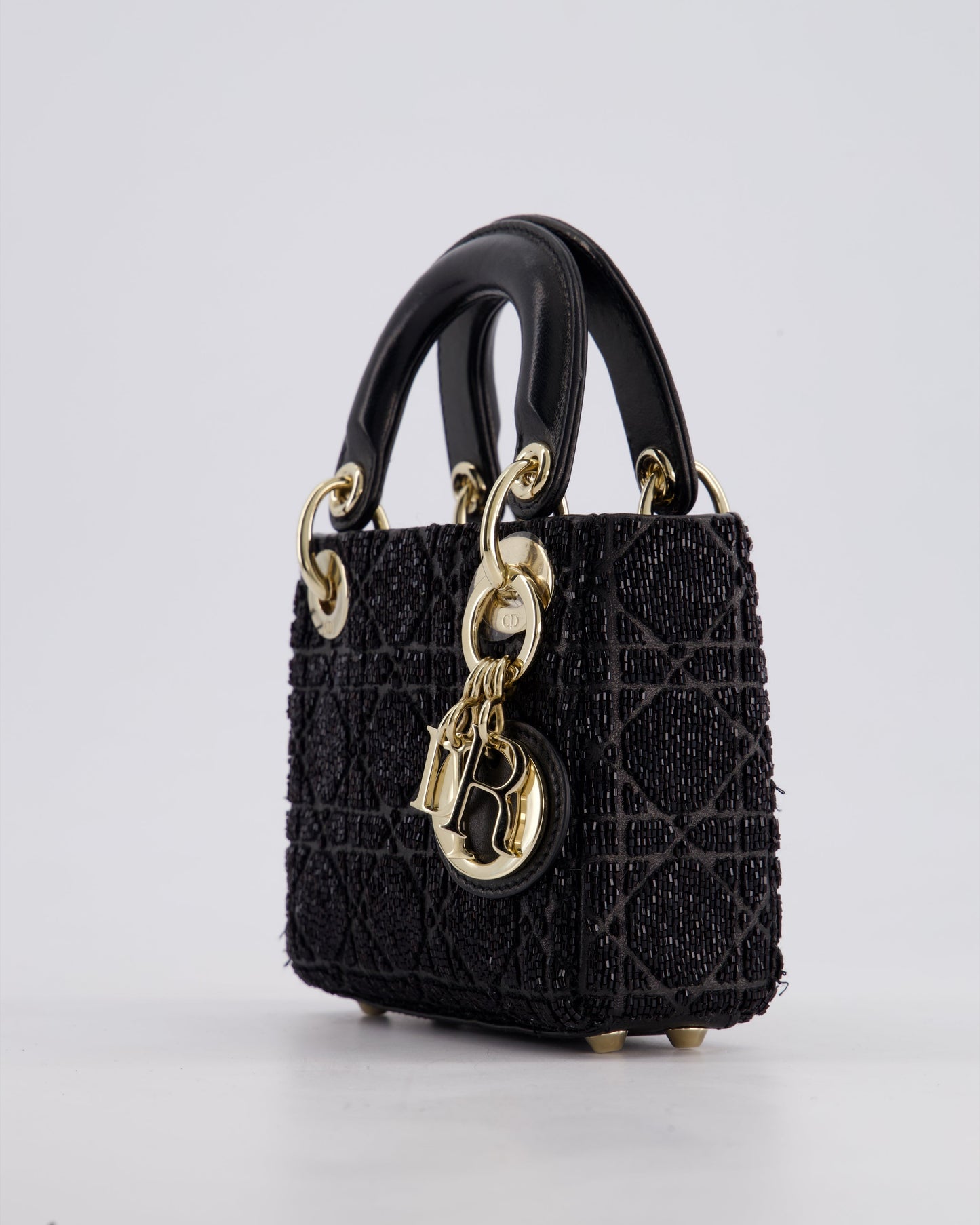 Christian Dior Black Micro Lady Dior Bag In Black Lambskin Leather & Sequins with Champagne Gold Hardware