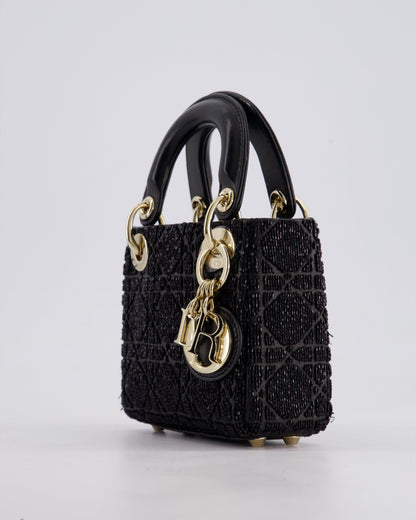 Christian Dior Black Micro Lady Dior Bag In Black Lambskin Leather & Sequins with Champagne Gold Hardware