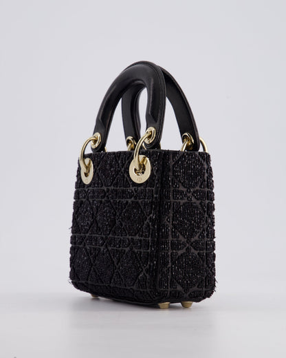 Christian Dior Black Micro Lady Dior Bag In Black Lambskin Leather & Sequins with Champagne Gold Hardware