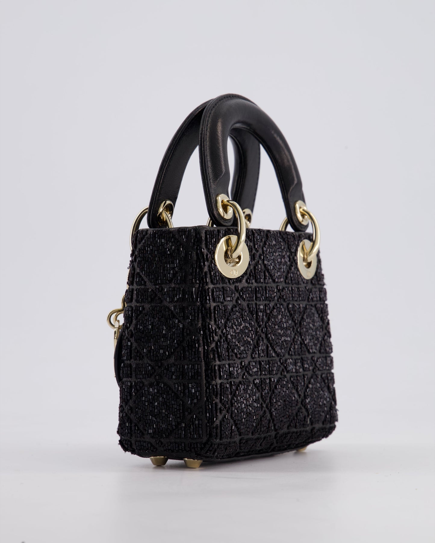 Christian Dior Black Micro Lady Dior Bag In Black Lambskin Leather & Sequins with Champagne Gold Hardware
