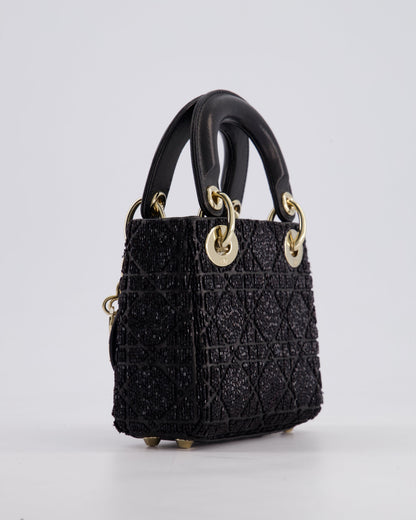 Christian Dior Black Micro Lady Dior Bag In Black Lambskin Leather & Sequins with Champagne Gold Hardware