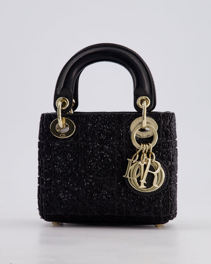 Christian Dior Black Micro Lady Dior Bag In Black Lambskin Leather & Sequins with Champagne Gold Hardware