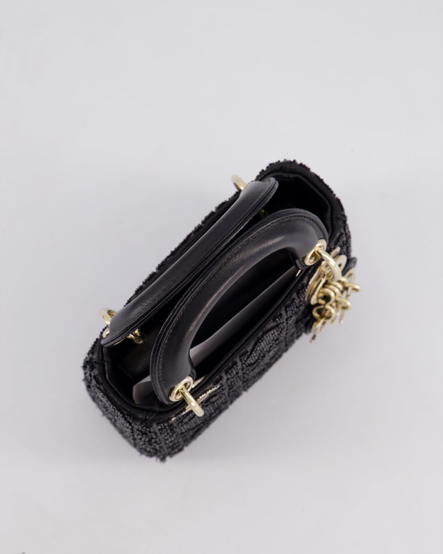 Christian Dior Black Micro Lady Dior Bag In Black Lambskin Leather & Sequins with Champagne Gold Hardware