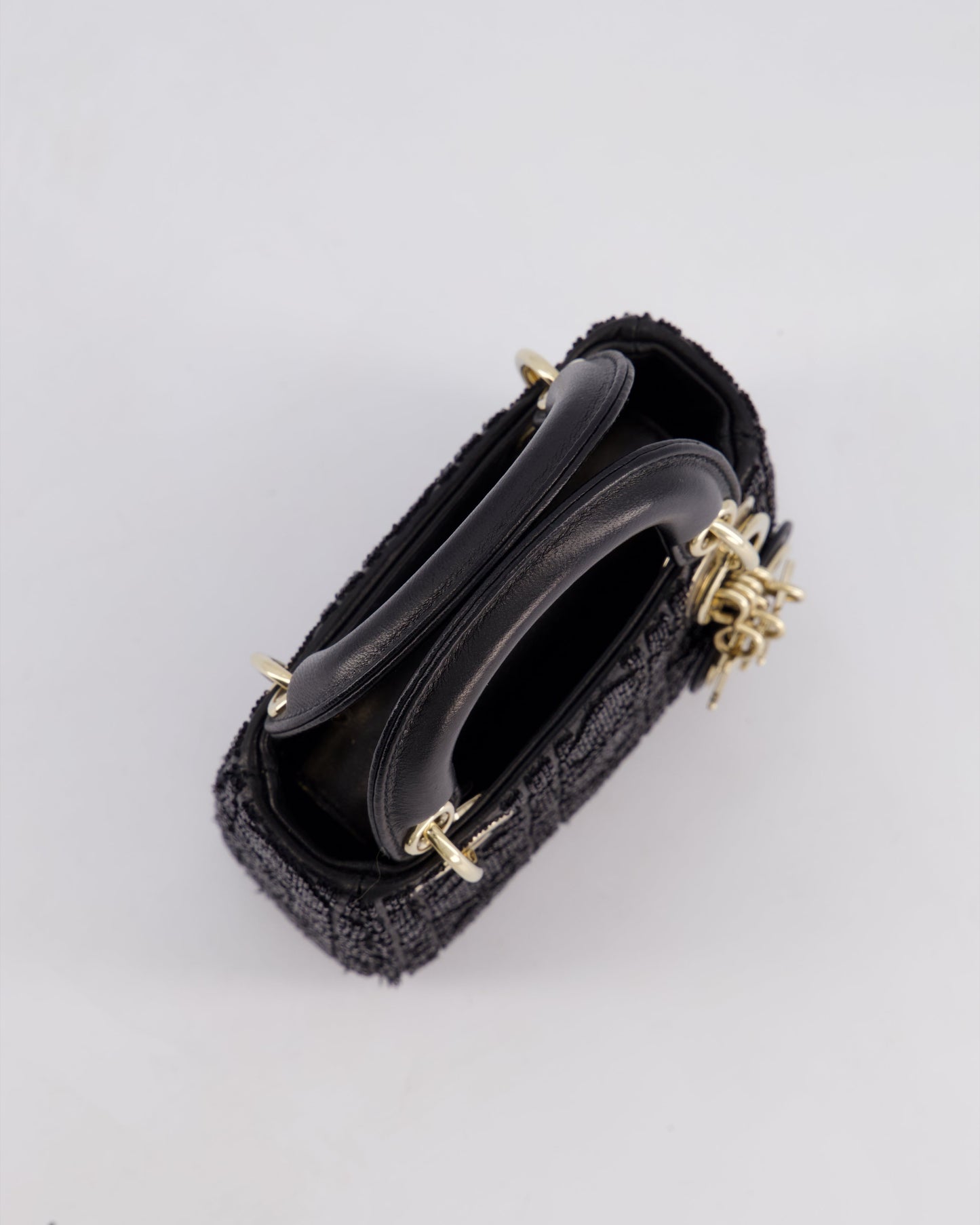 Christian Dior Black Micro Lady Dior Bag In Black Lambskin Leather & Sequins with Champagne Gold Hardware