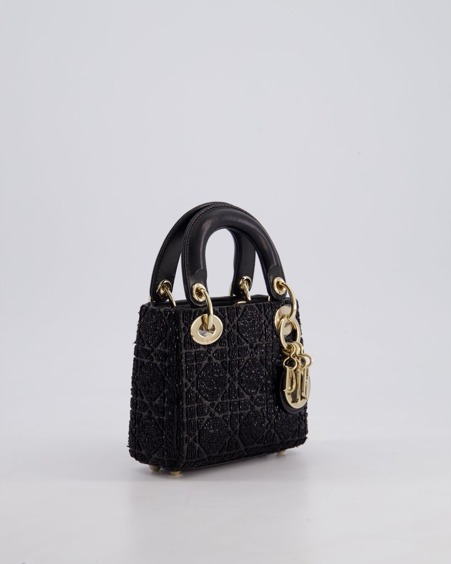 Christian Dior Black Micro Lady Dior Bag In Black Lambskin Leather & Sequins with Champagne Gold Hardware