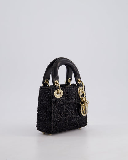 Christian Dior Black Micro Lady Dior Bag In Black Lambskin Leather & Sequins with Champagne Gold Hardware