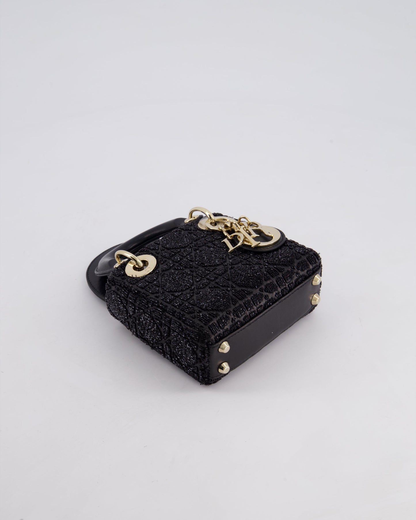Christian Dior Black Micro Lady Dior Bag In Black Lambskin Leather & Sequins with Champagne Gold Hardware