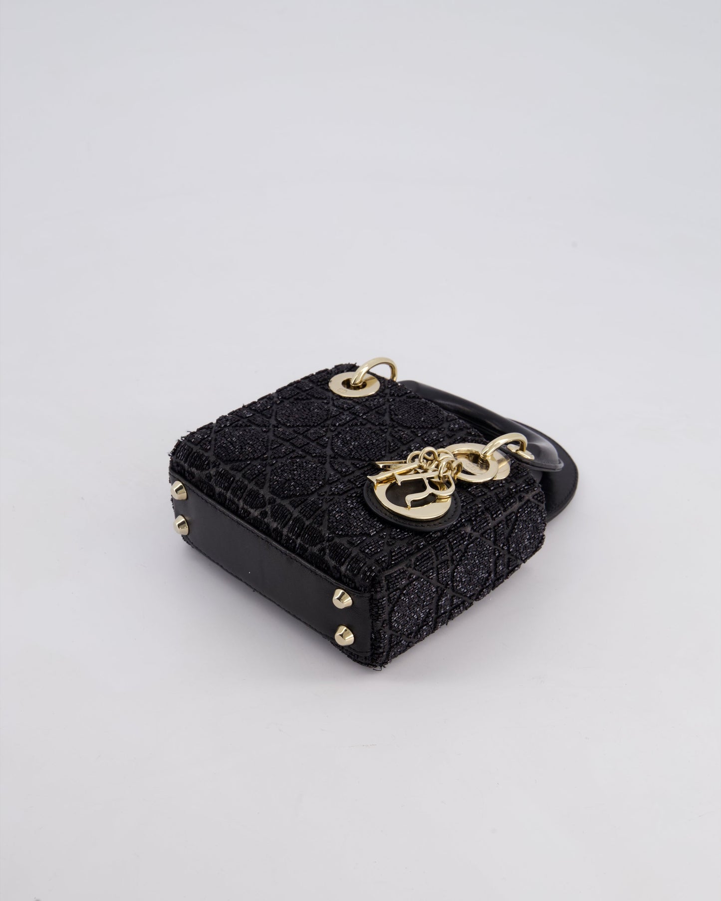 Christian Dior Black Micro Lady Dior Bag In Black Lambskin Leather & Sequins with Champagne Gold Hardware