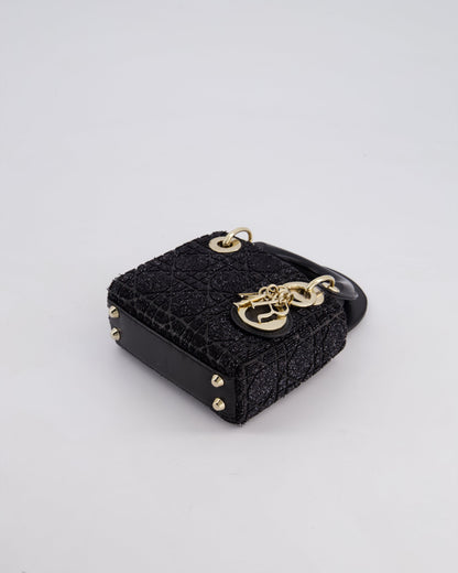 Christian Dior Black Micro Lady Dior Bag In Black Lambskin Leather & Sequins with Champagne Gold Hardware