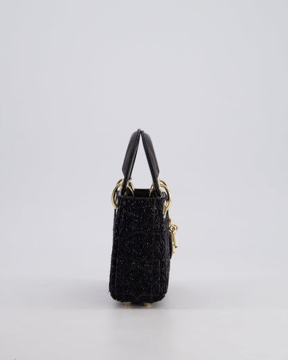 Christian Dior Black Micro Lady Dior Bag In Black Lambskin Leather & Sequins with Champagne Gold Hardware