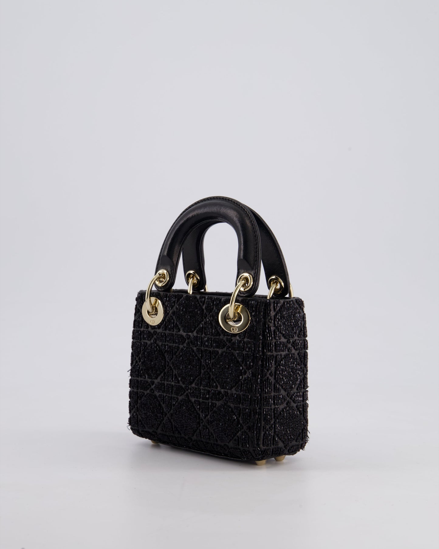 Christian Dior Black Micro Lady Dior Bag In Black Lambskin Leather & Sequins with Champagne Gold Hardware