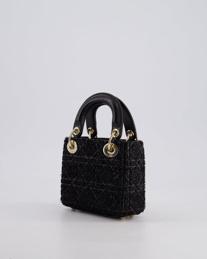Christian Dior Black Micro Lady Dior Bag In Black Lambskin Leather & Sequins with Champagne Gold Hardware