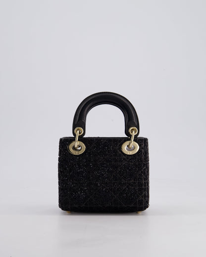 Christian Dior Black Micro Lady Dior Bag In Black Lambskin Leather & Sequins with Champagne Gold Hardware
