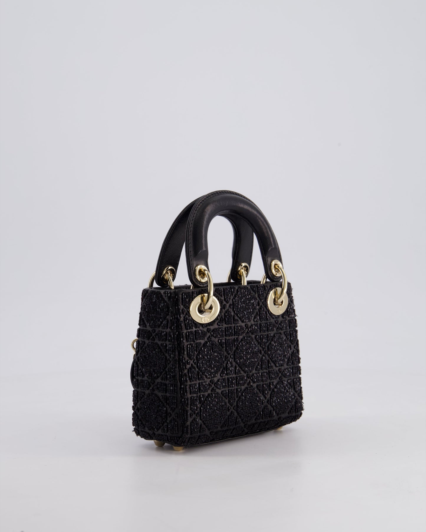 Christian Dior Black Micro Lady Dior Bag In Black Lambskin Leather & Sequins with Champagne Gold Hardware