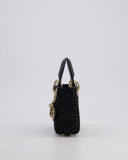 Christian Dior Black Micro Lady Dior Bag In Black Lambskin Leather & Sequins with Champagne Gold Hardware