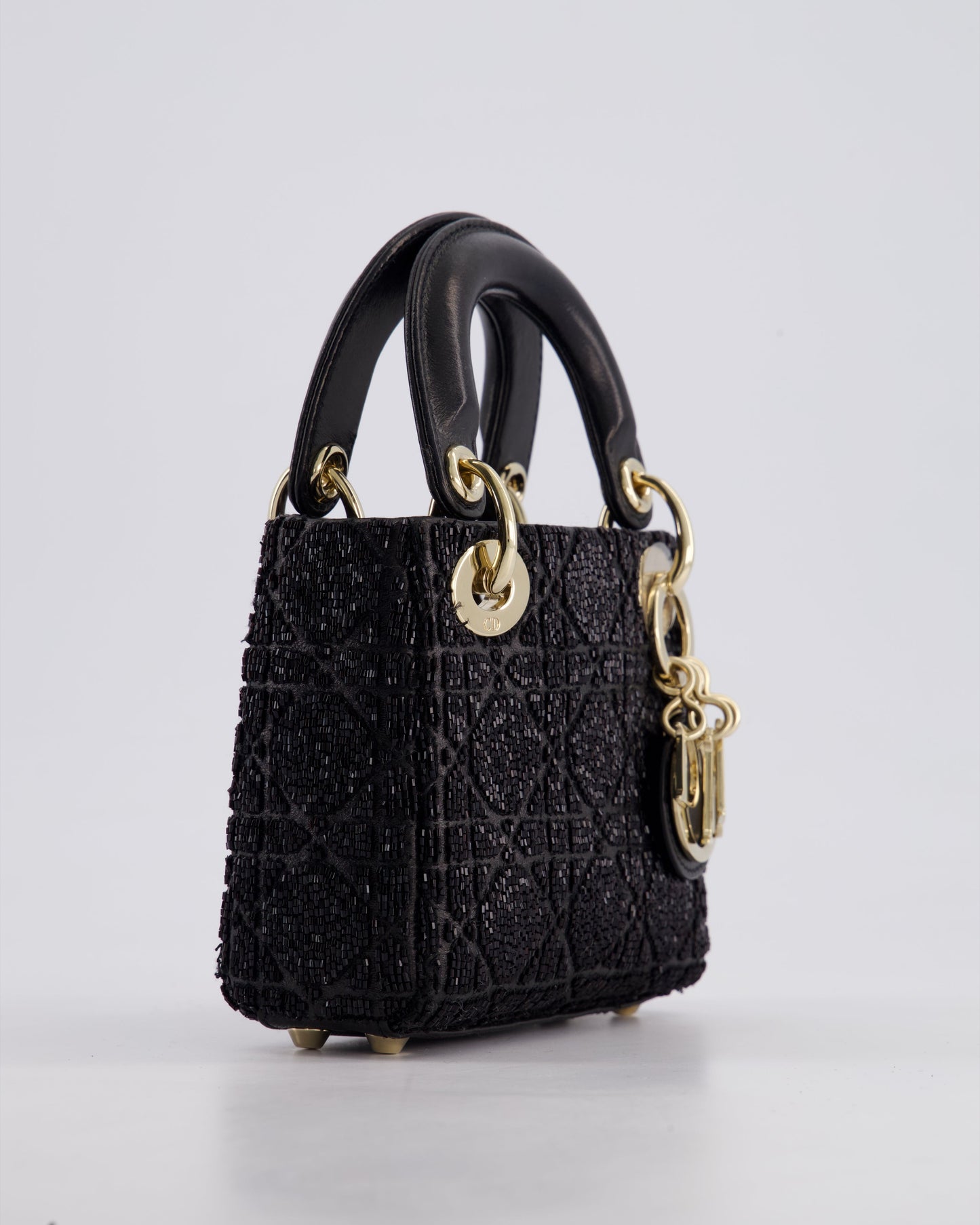 Christian Dior Black Micro Lady Dior Bag In Black Lambskin Leather & Sequins with Champagne Gold Hardware