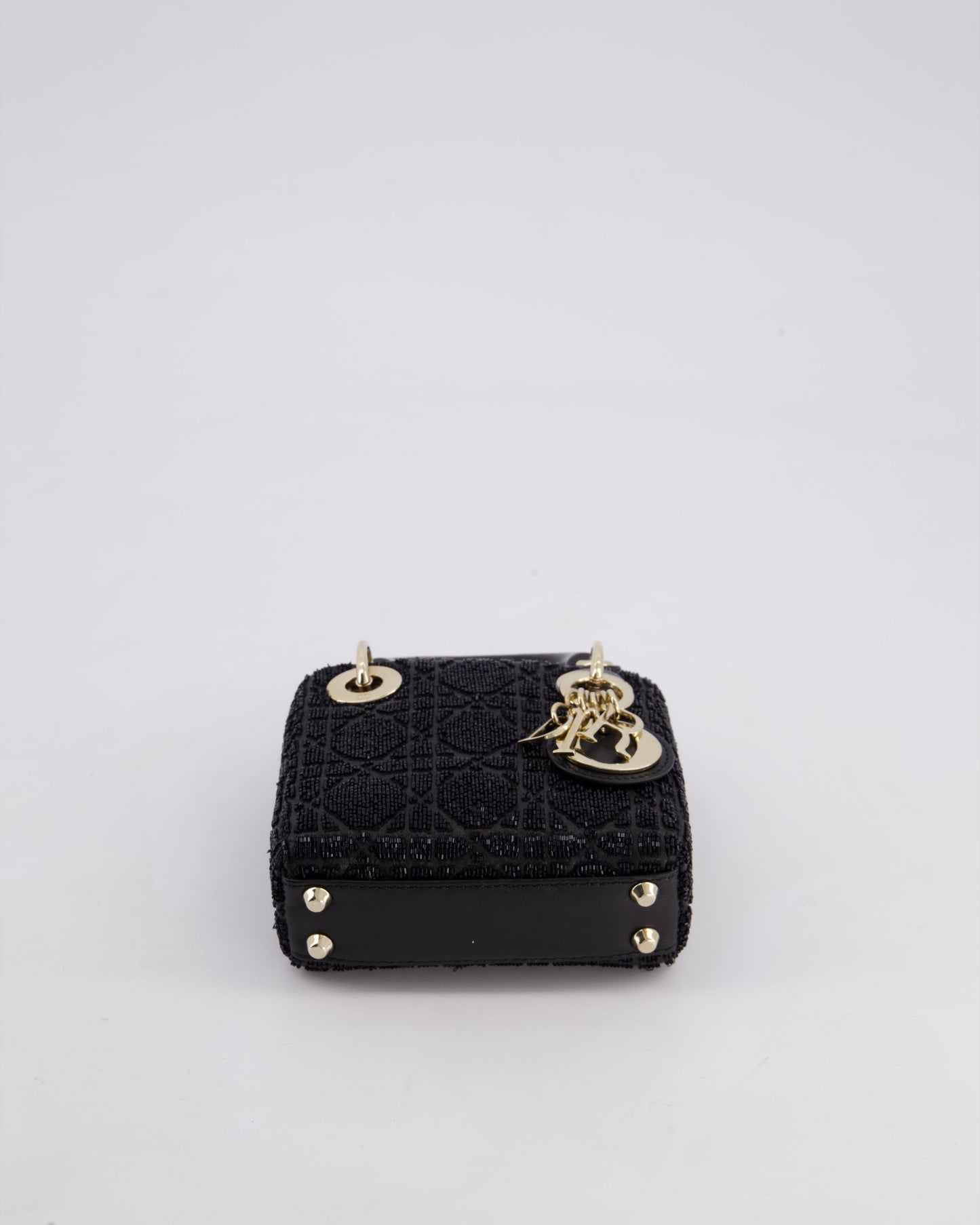 Christian Dior Black Micro Lady Dior Bag In Black Lambskin Leather & Sequins with Champagne Gold Hardware