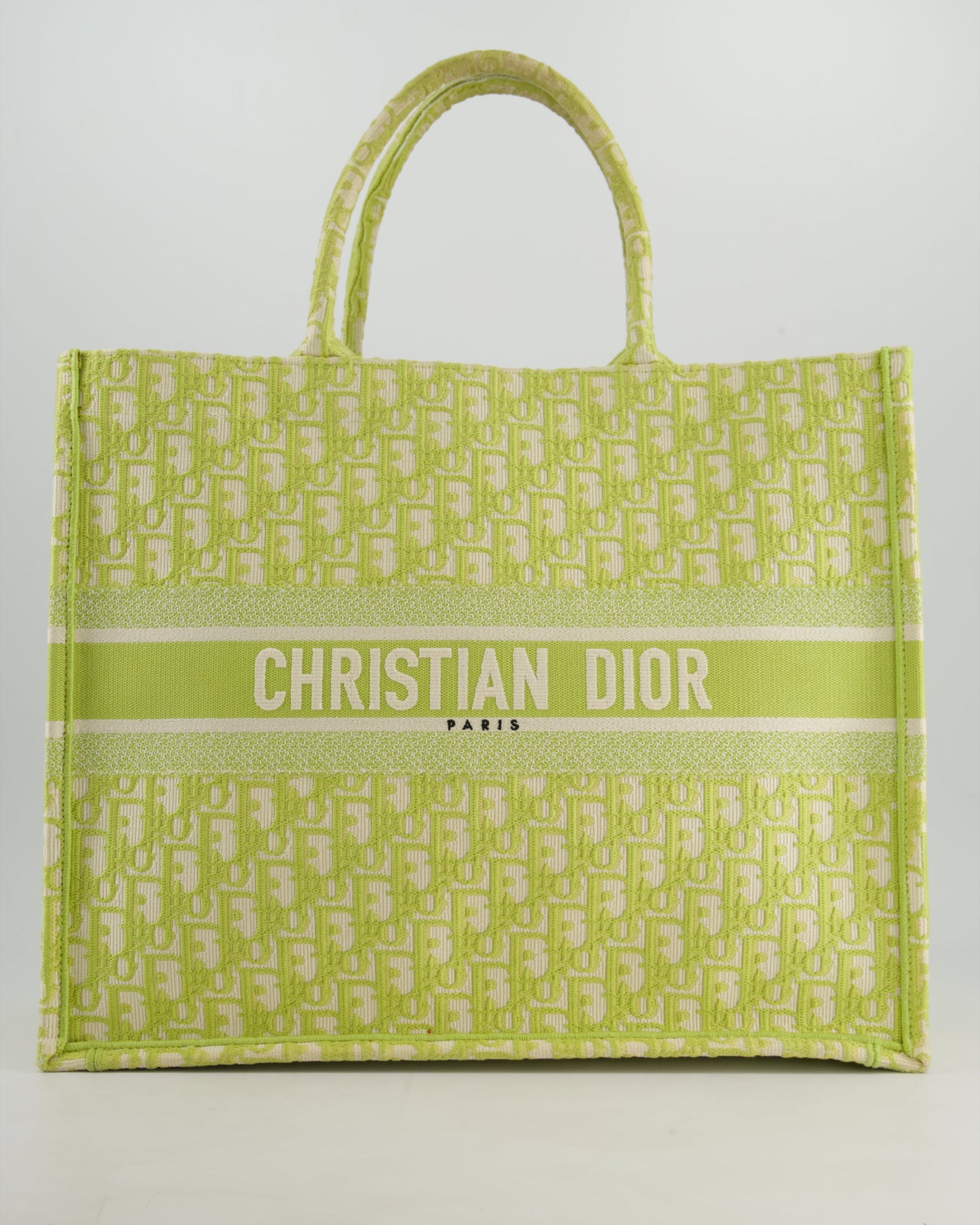 Christian Dior Ecru and Lime Dior Oblique Embroidery Canvas Large Book Tote Bag