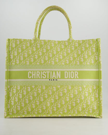 Christian Dior Ecru and Lime Dior Oblique Embroidery Canvas Large Book Tote Bag