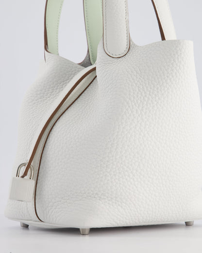 Hermès Picotin Lock Bag 18cm in New White Clemence Leather with Vert Fizz Interior Handles and Palladium Hardware