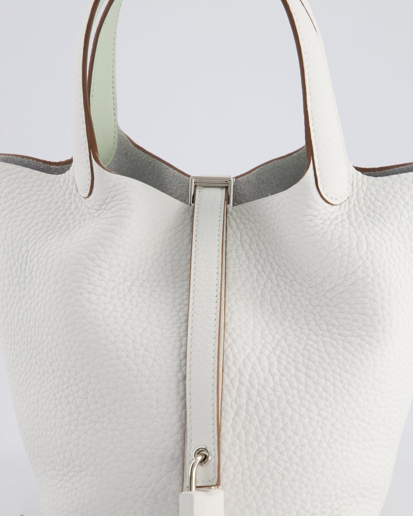 Hermès Picotin Lock Bag 18cm in New White Clemence Leather with Vert Fizz Interior Handles and Palladium Hardware