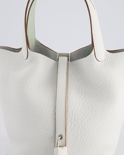 Hermès Picotin Lock Bag 18cm in New White Clemence Leather with Vert Fizz Interior Handles and Palladium Hardware