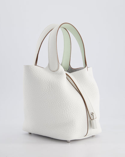 Hermès Picotin Lock Bag 18cm in New White Clemence Leather with Vert Fizz Interior Handles and Palladium Hardware
