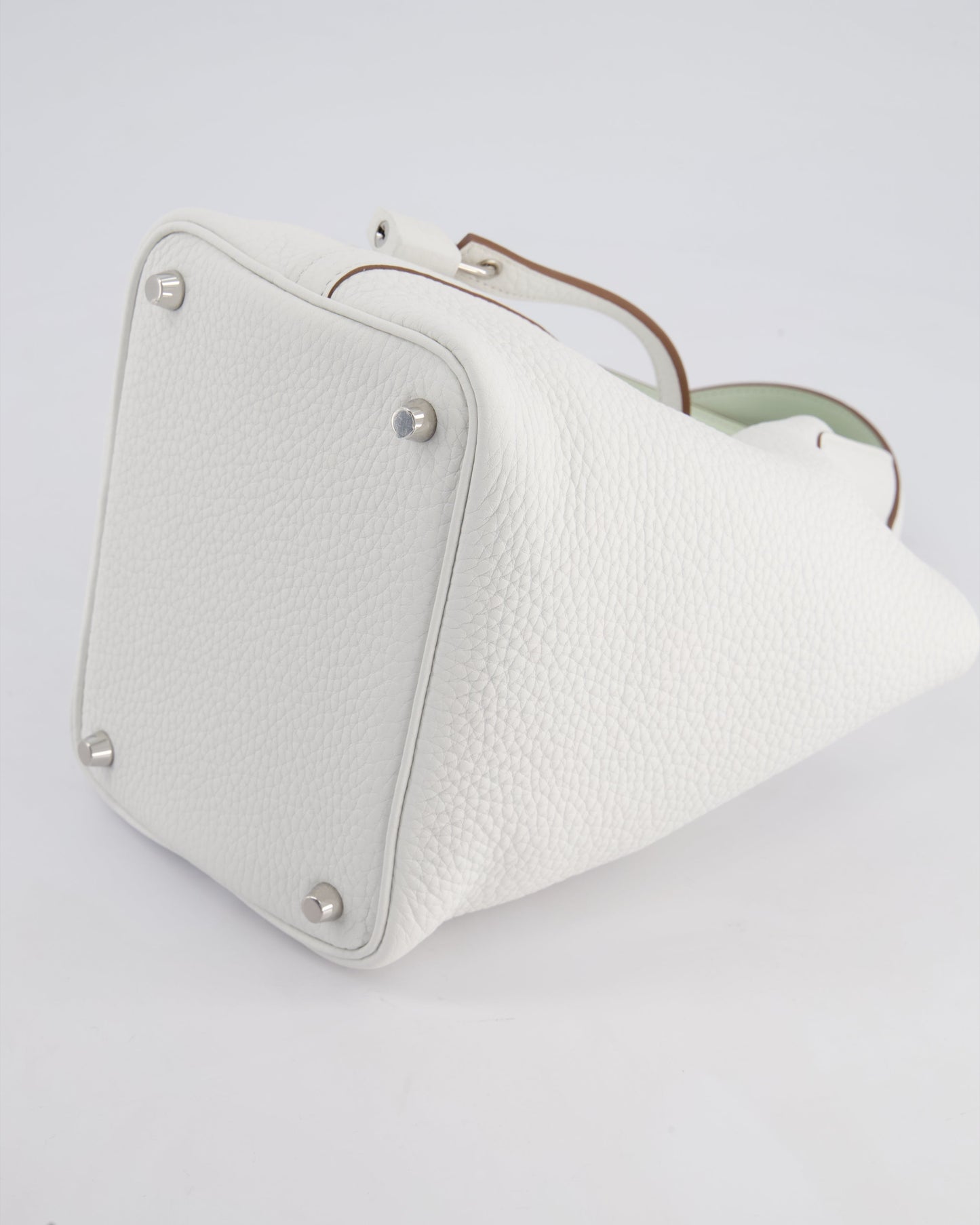 Hermès Picotin Lock Bag 18cm in New White Clemence Leather with Vert Fizz Interior Handles and Palladium Hardware