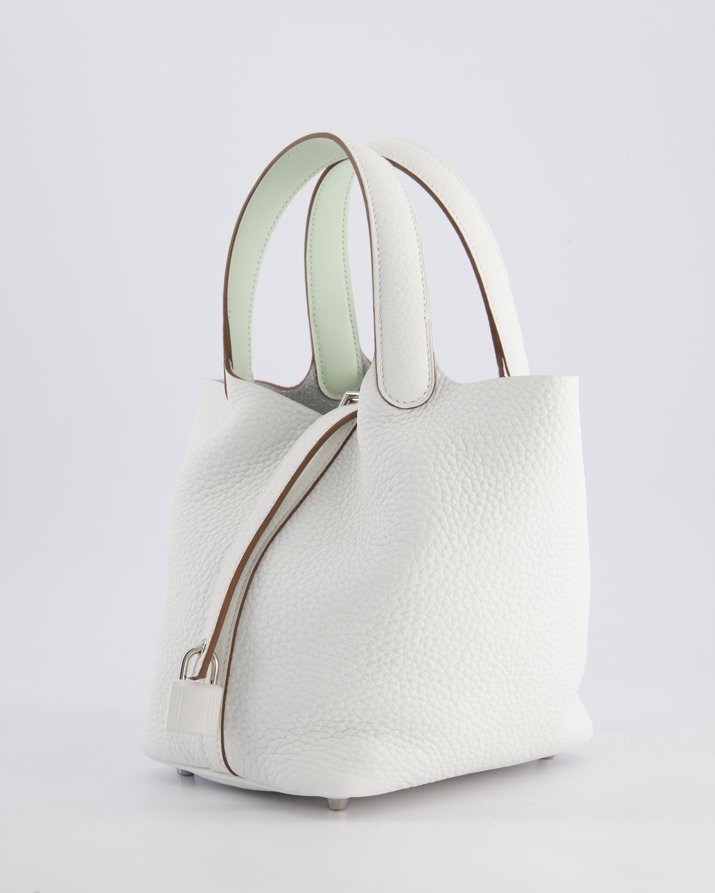 Hermès Picotin Lock Bag 18cm in New White Clemence Leather with Vert Fizz Interior Handles and Palladium Hardware