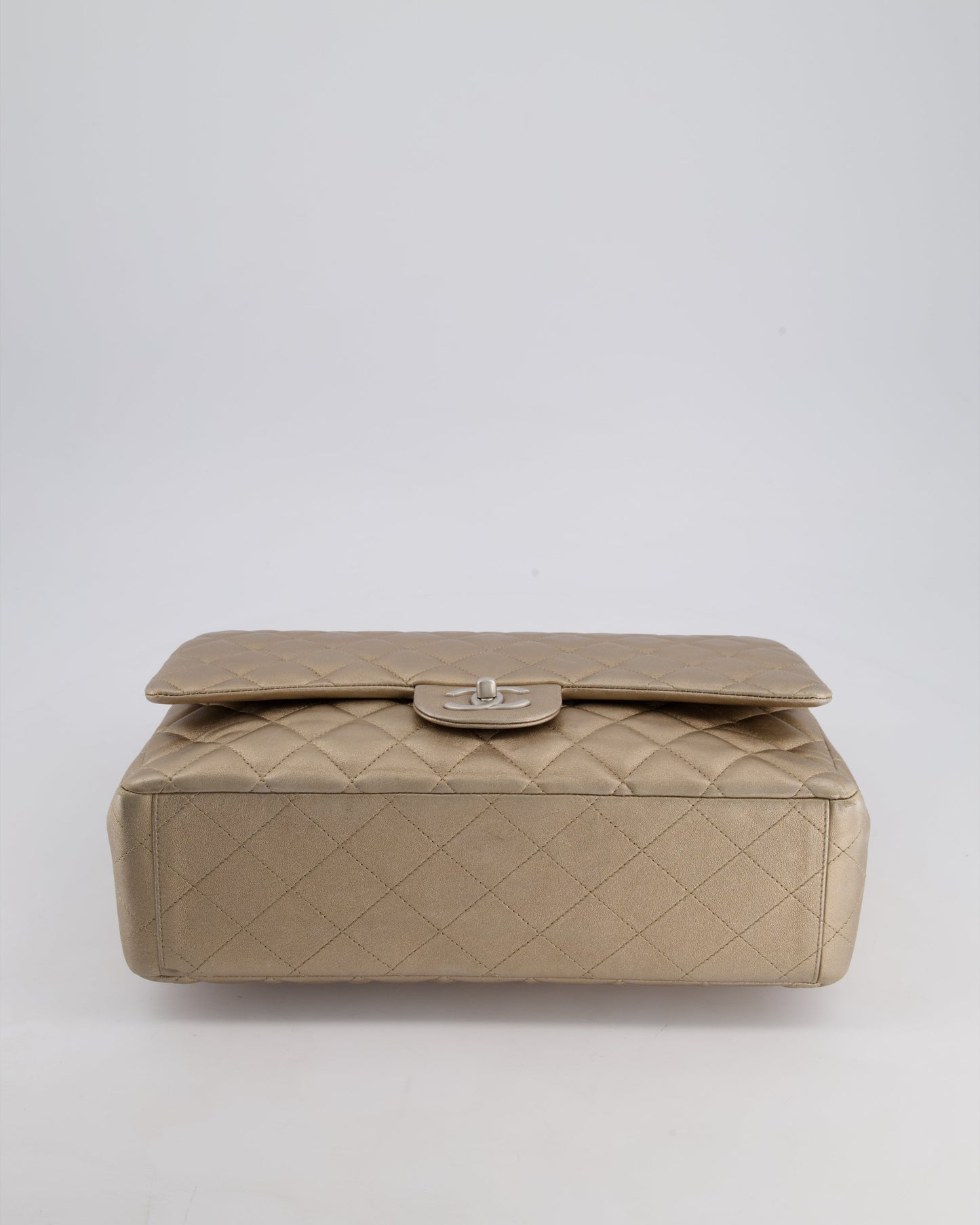 Chanel Metallic Gold Maxi Classic Double Flap Bag in Calfskin Leather with Brushed Silver Hardware