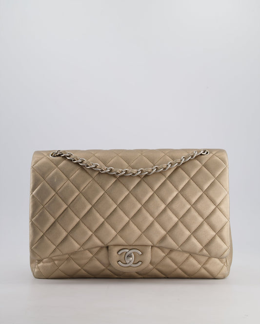 Chanel Metallic Gold Maxi Classic Double Flap Bag in Calfskin Leather with Brushed Silver Hardware