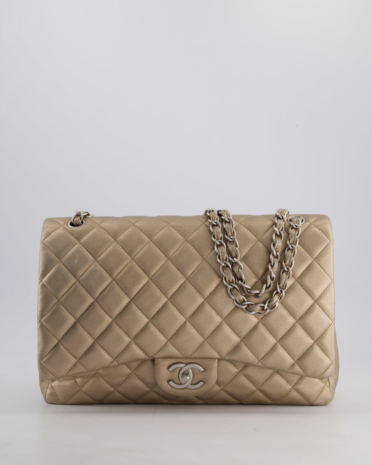Chanel Metallic Gold Maxi Classic Double Flap Bag in Calfskin Leather with Brushed Silver Hardware