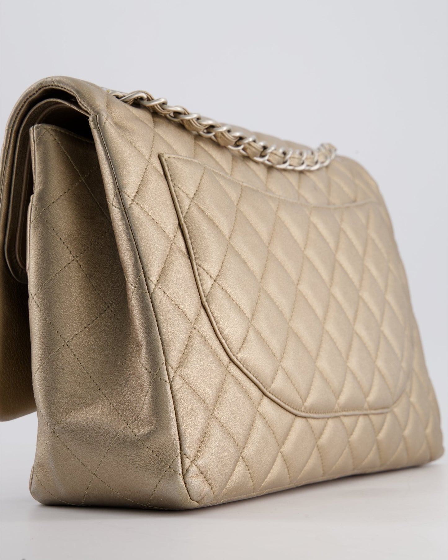 Chanel Metallic Gold Maxi Classic Double Flap Bag in Calfskin Leather with Brushed Silver Hardware