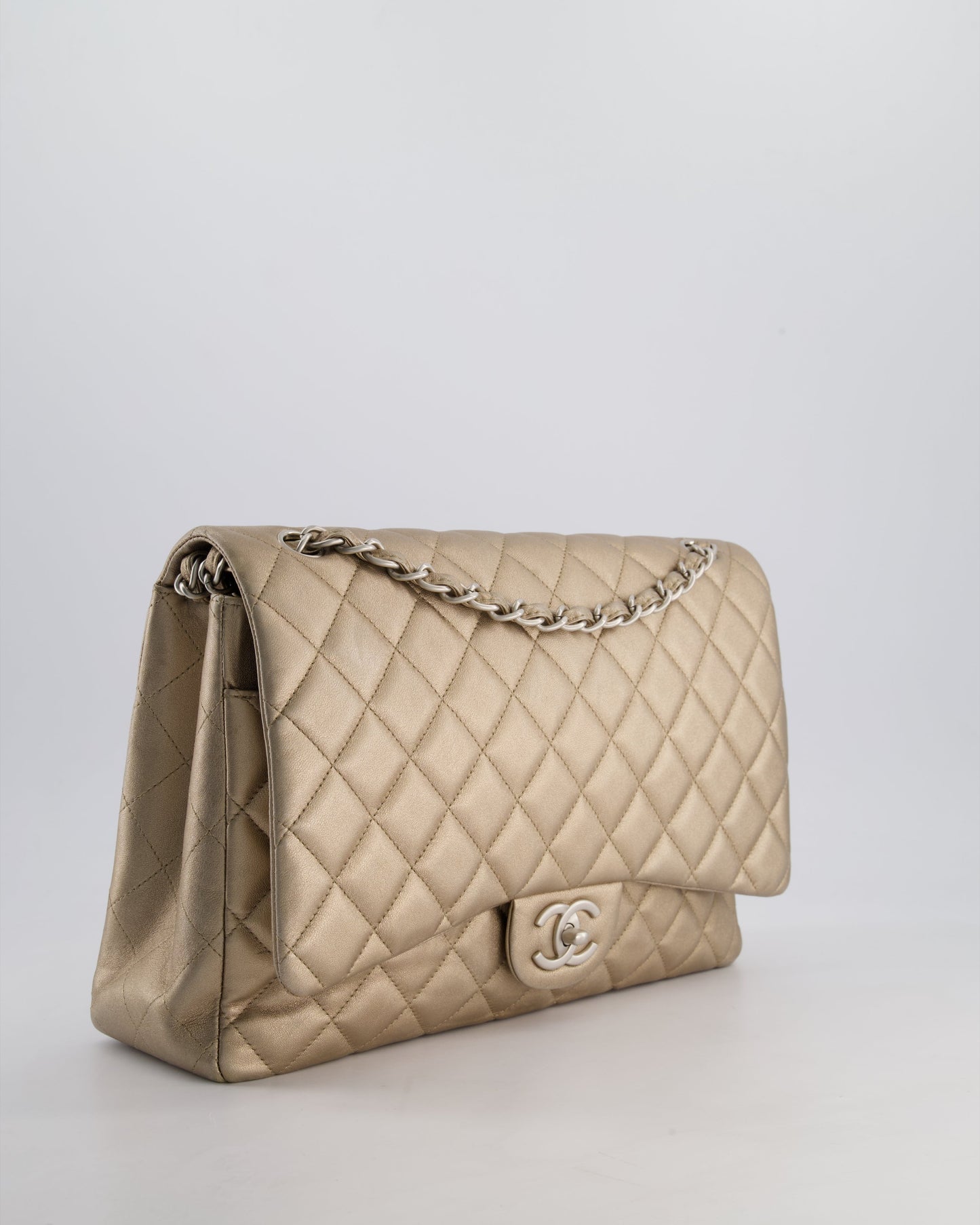 Chanel Metallic Gold Maxi Classic Double Flap Bag in Calfskin Leather with Brushed Silver Hardware