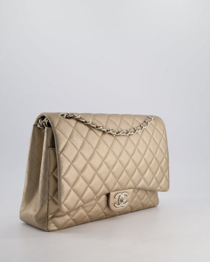 Chanel Metallic Gold Maxi Classic Double Flap Bag in Calfskin Leather with Brushed Silver Hardware