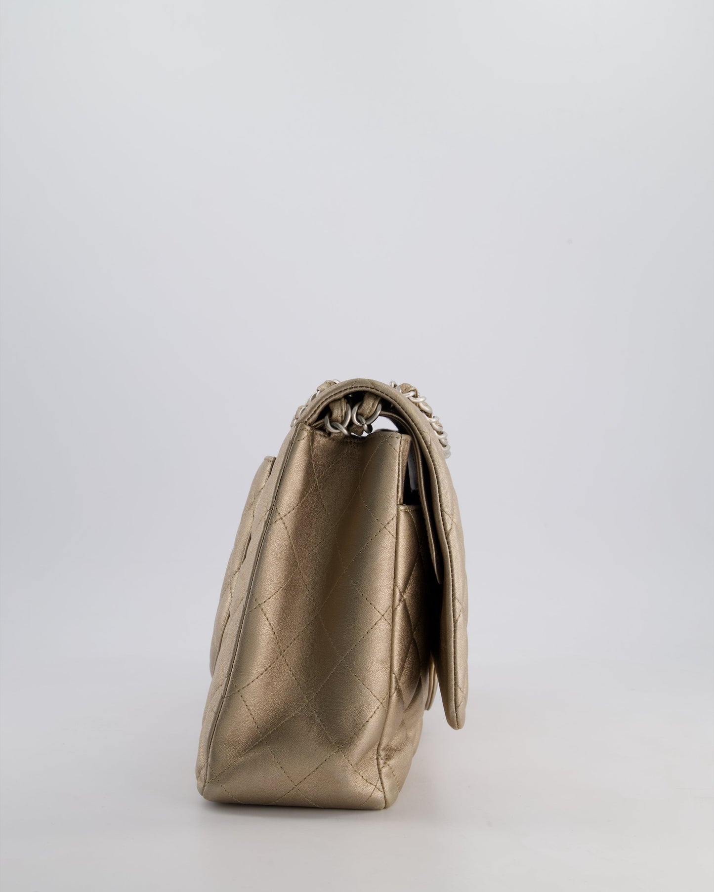 Chanel Metallic Gold Maxi Classic Double Flap Bag in Calfskin Leather with Brushed Silver Hardware