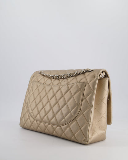 Chanel Metallic Gold Maxi Classic Double Flap Bag in Calfskin Leather with Brushed Silver Hardware