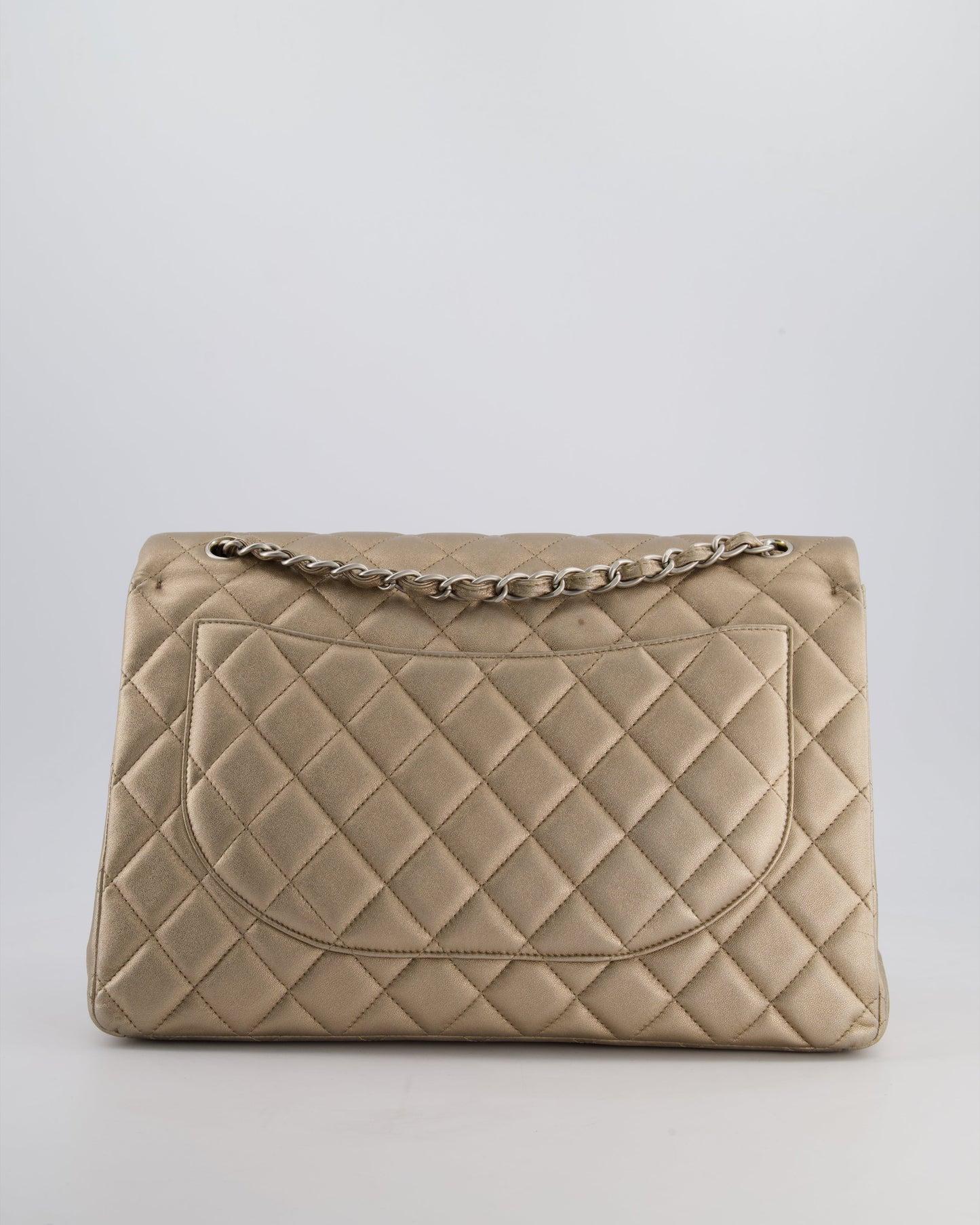 Chanel Metallic Gold Maxi Classic Double Flap Bag in Calfskin Leather with Brushed Silver Hardware