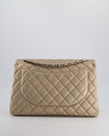 Chanel Metallic Gold Maxi Classic Double Flap Bag in Calfskin Leather with Brushed Silver Hardware