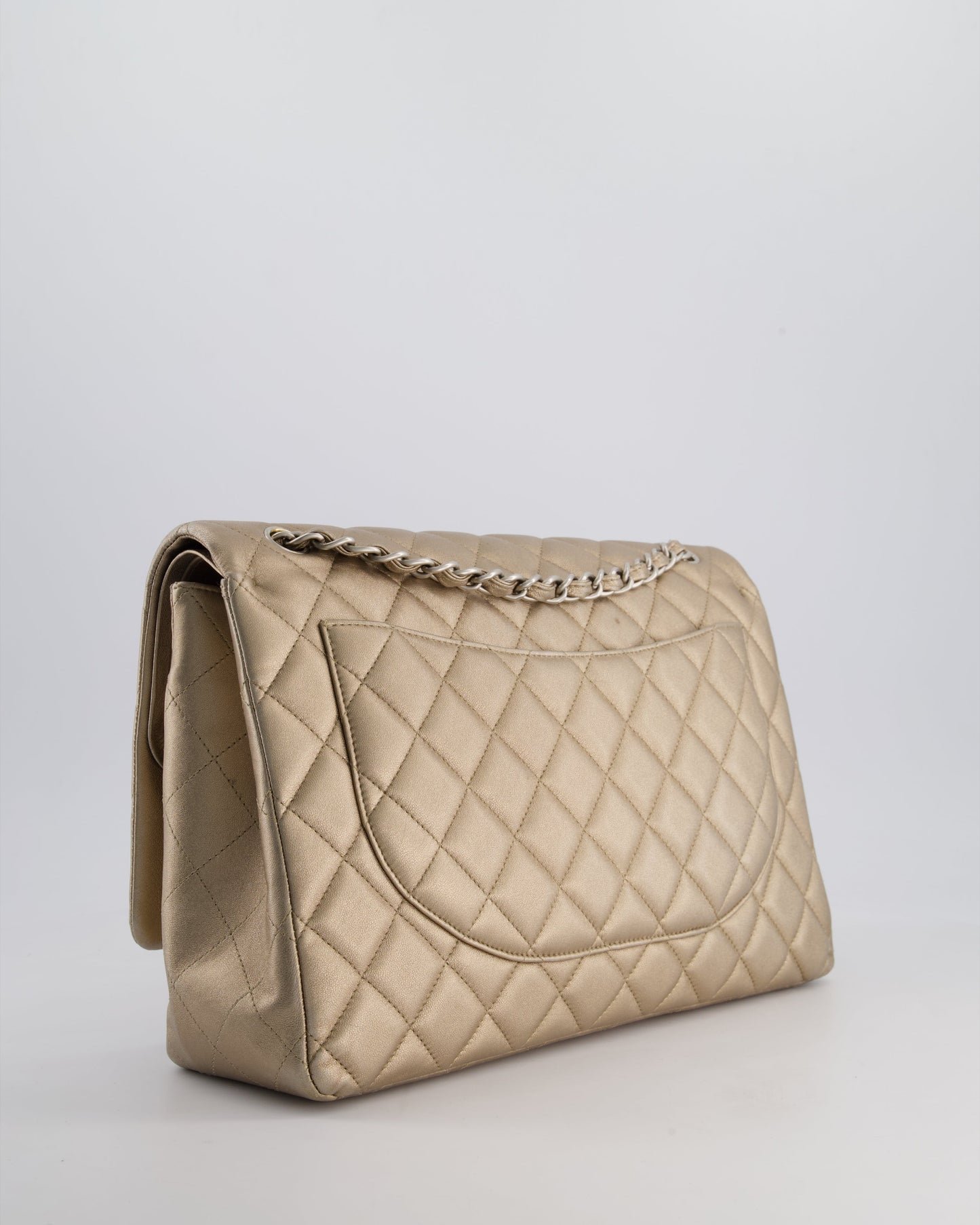 Chanel Metallic Gold Maxi Classic Double Flap Bag in Calfskin Leather with Brushed Silver Hardware