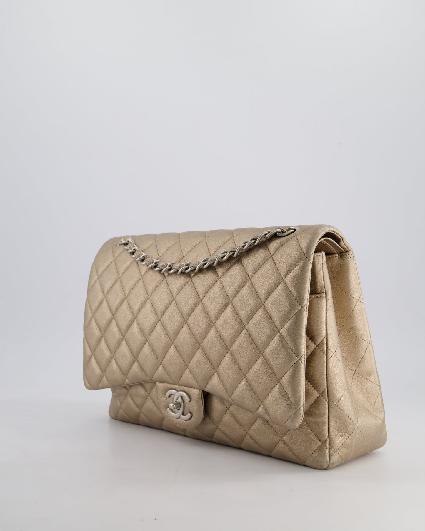 Chanel Metallic Gold Maxi Classic Double Flap Bag in Calfskin Leather with Brushed Silver Hardware