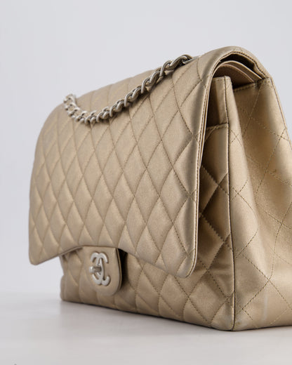 Chanel Metallic Gold Maxi Classic Double Flap Bag in Calfskin Leather with Brushed Silver Hardware