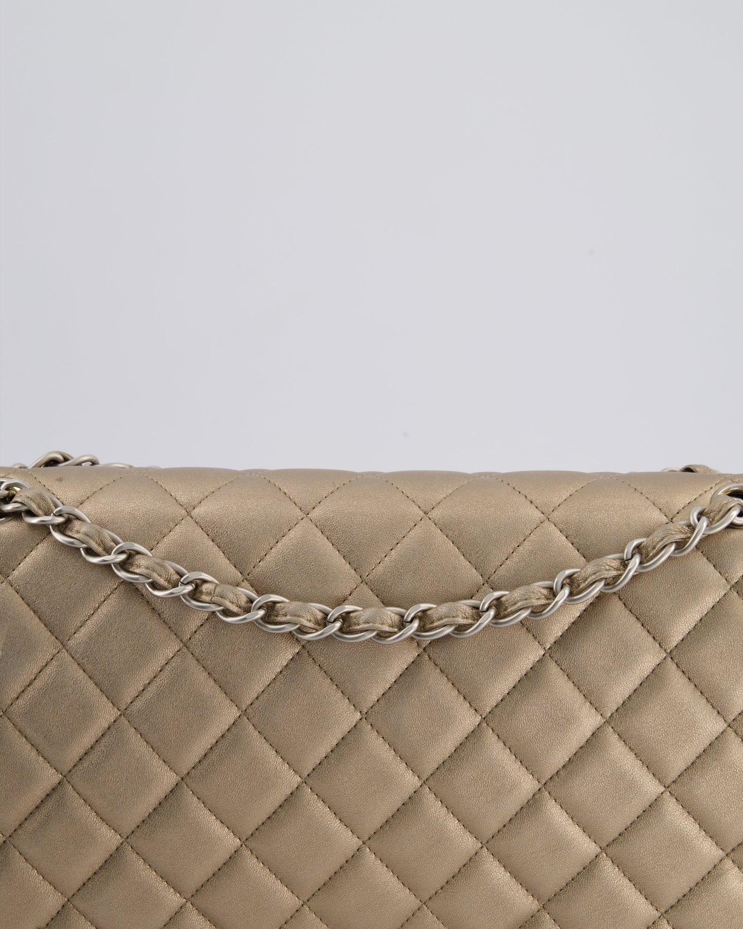 Chanel Metallic Gold Maxi Classic Double Flap Bag in Calfskin Leather with Brushed Silver Hardware