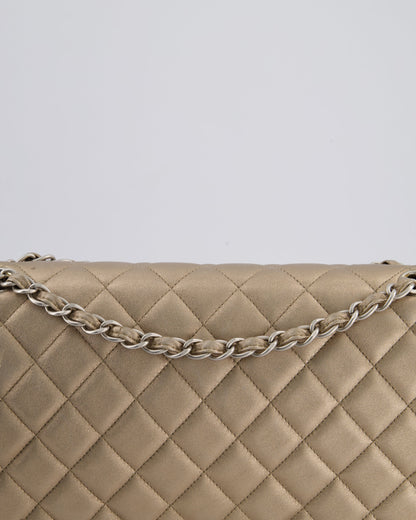 Chanel Metallic Gold Maxi Classic Double Flap Bag in Calfskin Leather with Brushed Silver Hardware