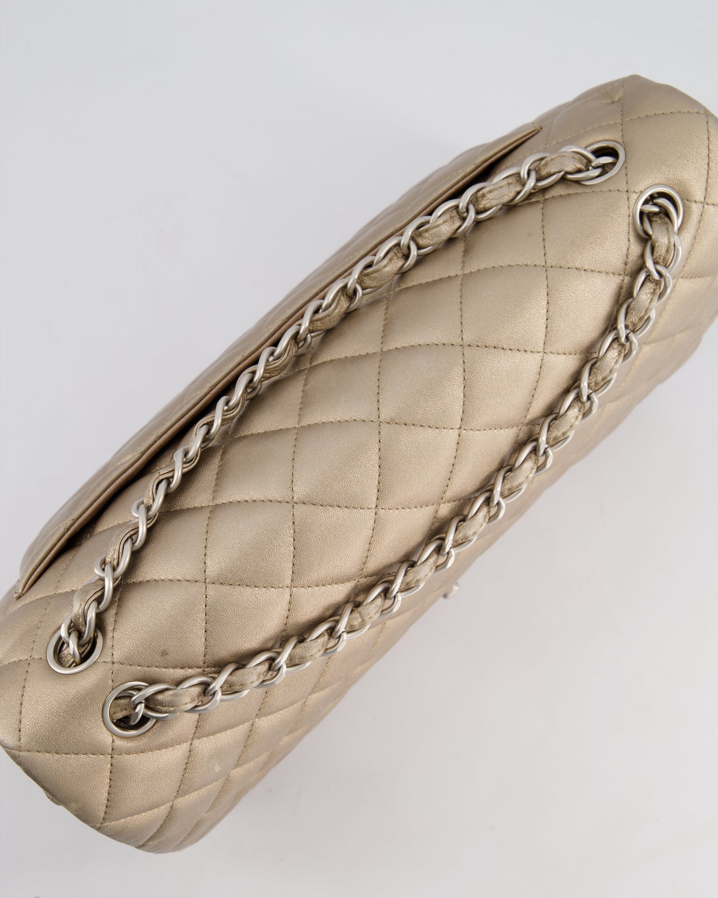 Chanel Metallic Gold Maxi Classic Double Flap Bag in Calfskin Leather with Brushed Silver Hardware