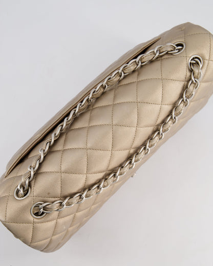 Chanel Metallic Gold Maxi Classic Double Flap Bag in Calfskin Leather with Brushed Silver Hardware